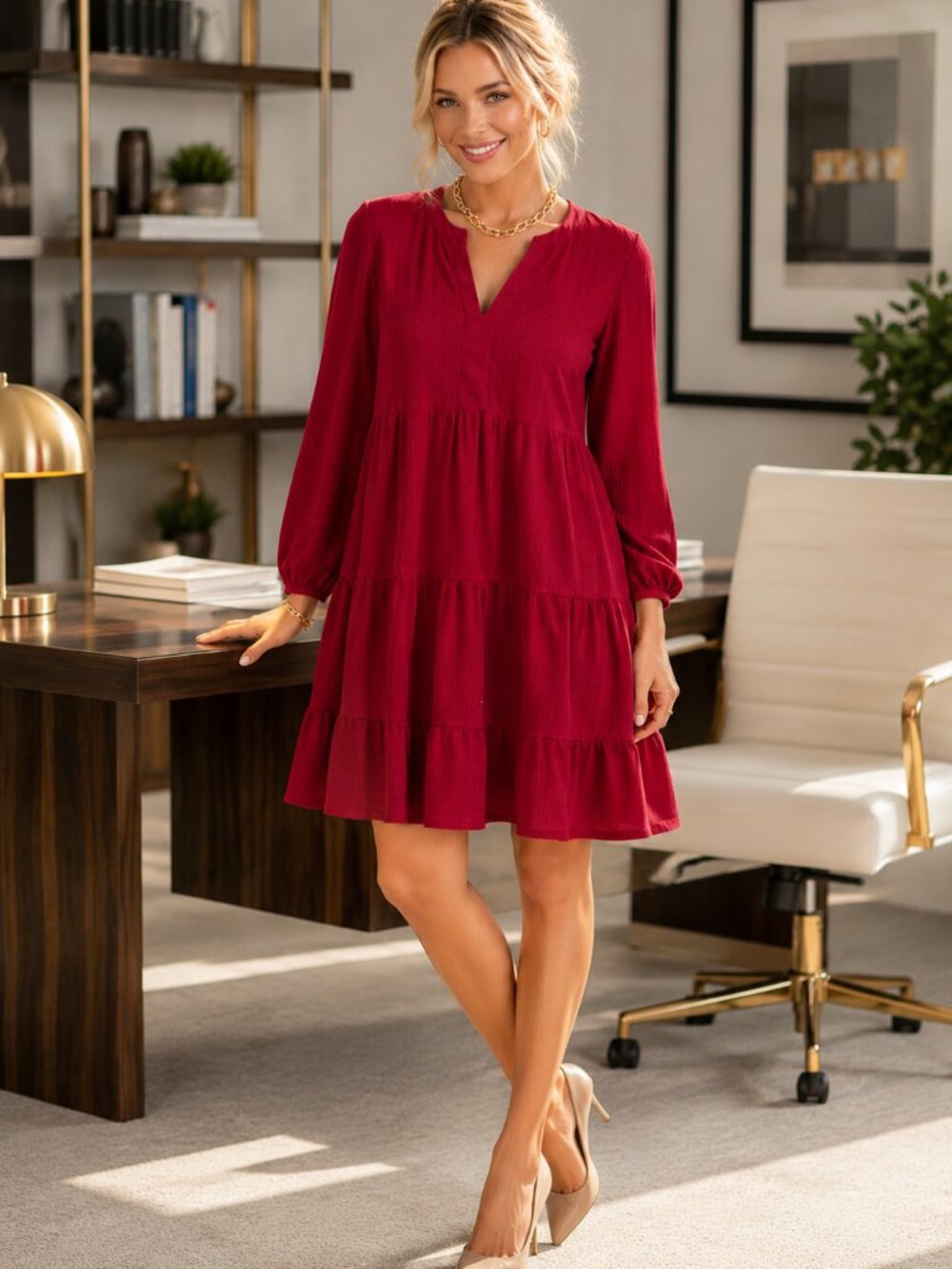 NWT RN Studio Red Berry Babydoll Dress Sz L Flowy Tiered Ruffle Long Sleeve
